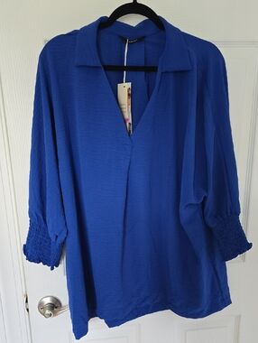 Dokotoo Women’s Relaxed V-Neck Blouse with Smocked Cuffs - Blue